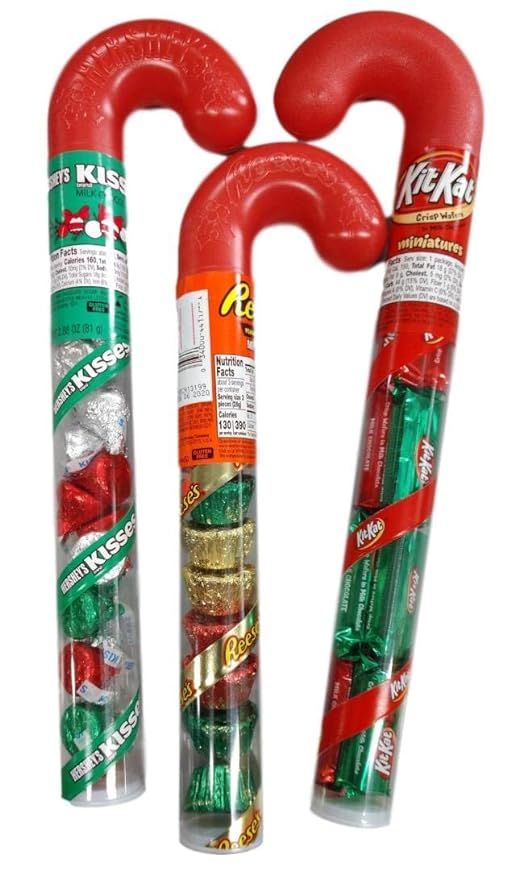 Three Chocolate Candy Filled Plastic Candy Canes- Hershey Kisses, Reese's Peanut Butter Cup and K... | Amazon (US)
