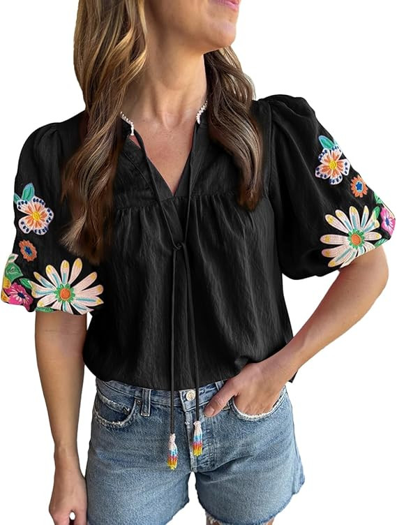 Women's Casual Floral Embroidered V Neck Boho Puff Short Sleeve Shirts Loose Tunic Summer Blouses... | Amazon (US)