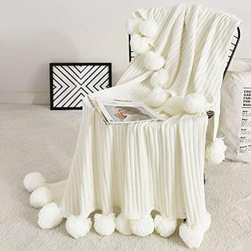 Fomoom Pom Pom Throw Blanket, Knit Throw Blanket with Pompom Tassels, Decorative Cotton Blanket f... | Amazon (US)