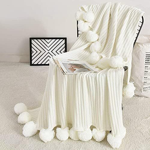 Fomoom Pom Pom Throw Blanket, Knit Blanket with Pompom Tassels, Decorative Cotton Blanket for Couch  | Amazon (US)