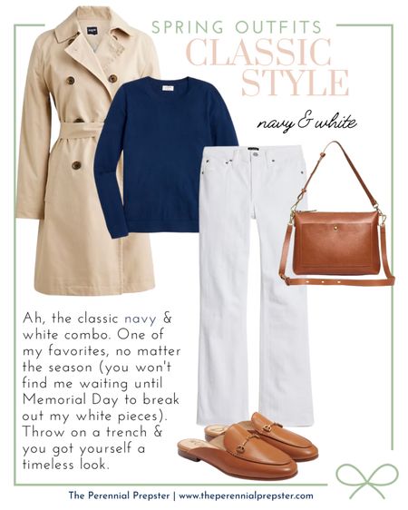 Classic style everyday easy spring outfit idea - navy blue Teddie sweater, a pair of white jeans and a classic timeless trench coat. Pair with leather mule slides and a brown leather purse. Preppy style, New England style, coastal grandmother, grandmillennial, easy everyday style, all American style, mom look 

#LTKstyletip #LTKSeasonal #LTKFind