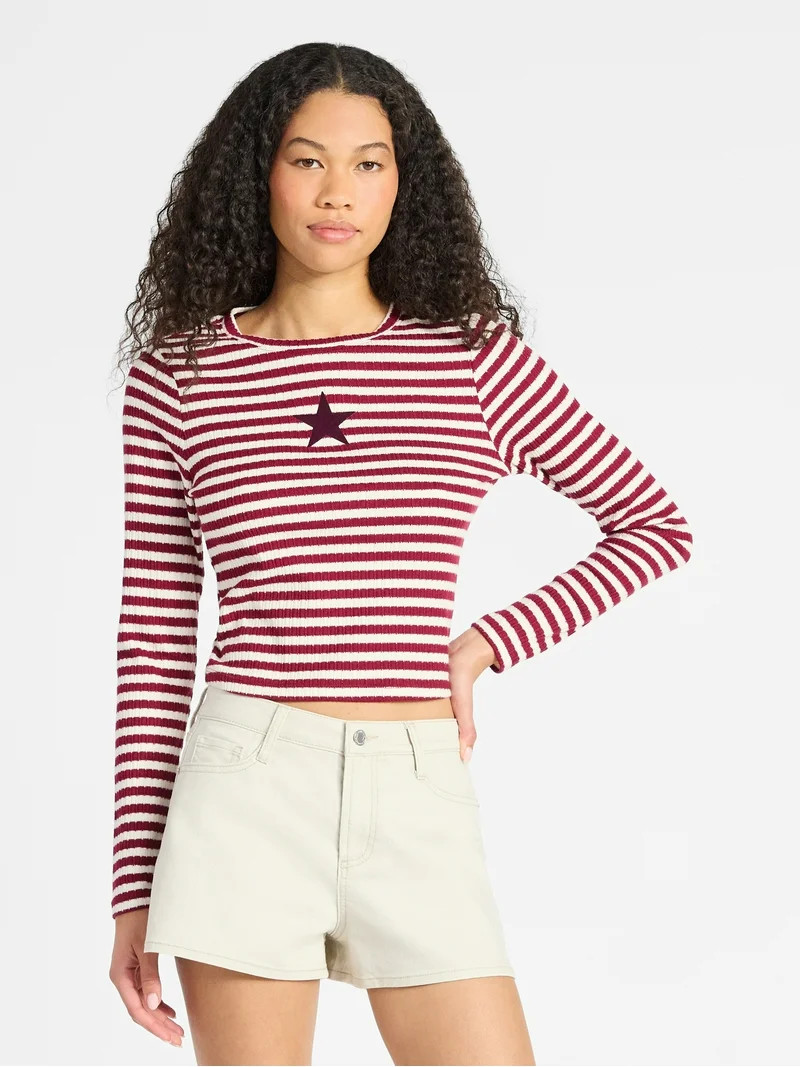No Boundaries Graphic Striped Pointelle Top with Long Sleeves, Women’s | Walmart (US)