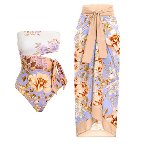 2 Piece Bikini Sets for Women: Floral One Piece Swimwear Monokini with Sarong Beach Cover up Wrap Skirt Summer Tropical Holiday Outfits Bathing Suits Coverups Lilac + Apricot Floral Medium | Amazon (US)