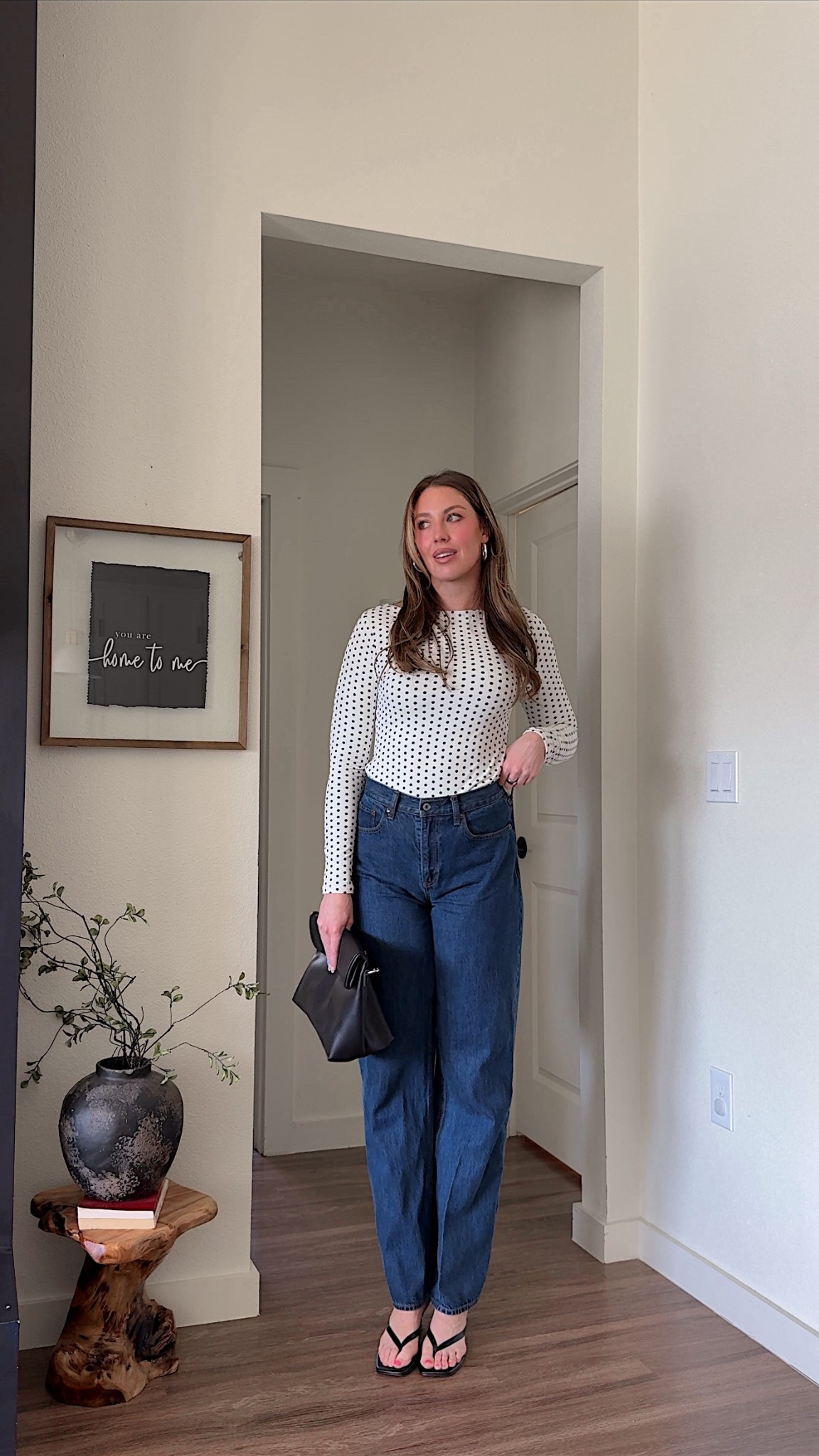 Date night outfit idea as a rectangle, body shape! I am wearing a 27 extra tall in these relaxed, fit jeans and a medium in the polkadot top.