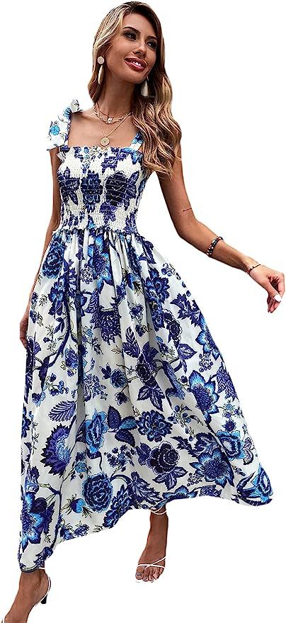 Floerns Women's Summer Boho Floral Print Tie Strap A Line Long Maxi Dress | Amazon (US)