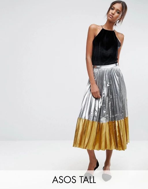 ASOS TALL Pleated Midi Skirt In Metallic With Contrast Hem | ASOS UK