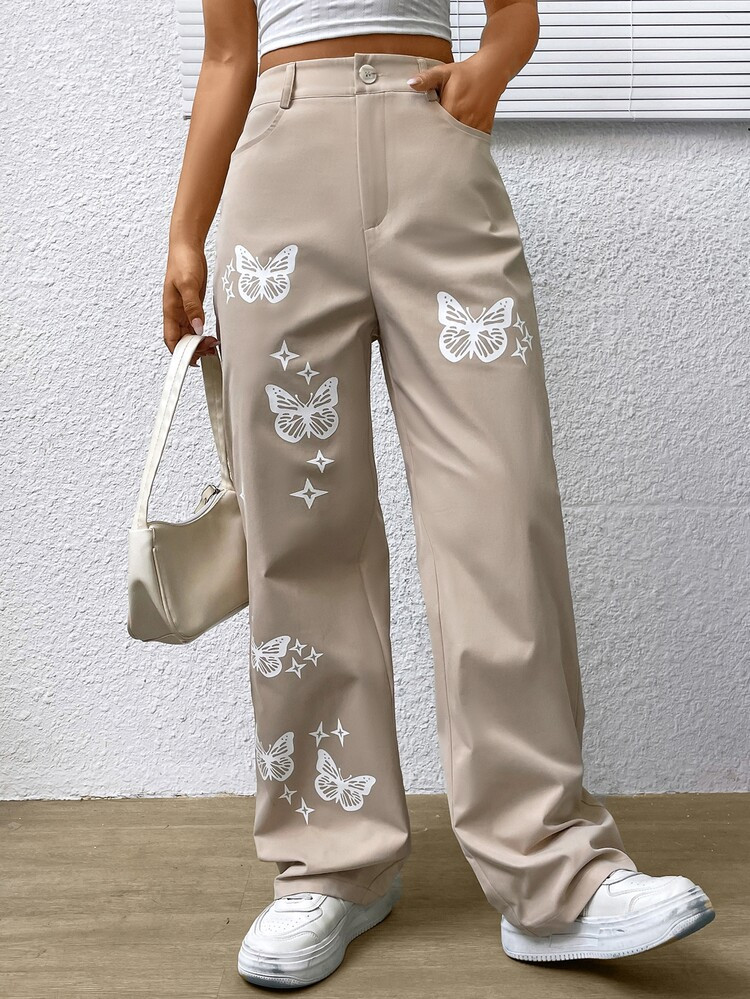 SHEIN EZwear Butterfly Print Straight Leg Pants | SHEIN