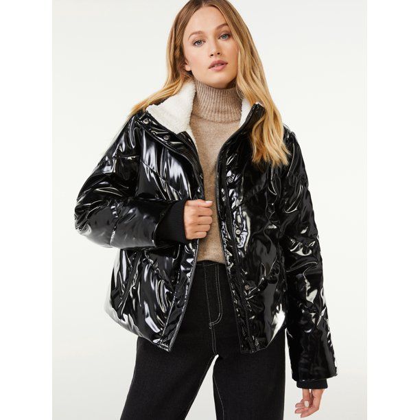Scoop Women's High-Shine Faux Leather Puffer Jacket with Faux Sherpa Lining - Walmart.com | Walmart (US)