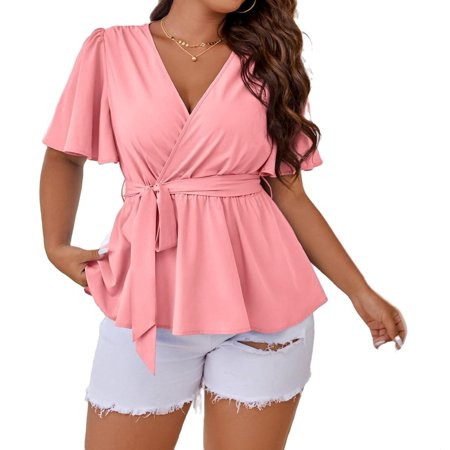 Womens Plus Blouses Casual Solid V neck Peplum Blouse Pink 0XL | Walmart (US)