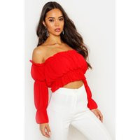 Womens Woven Puff Sleeve Ruched Off The Shoulder Top - Red - 10 | boohoo (US & Canada)