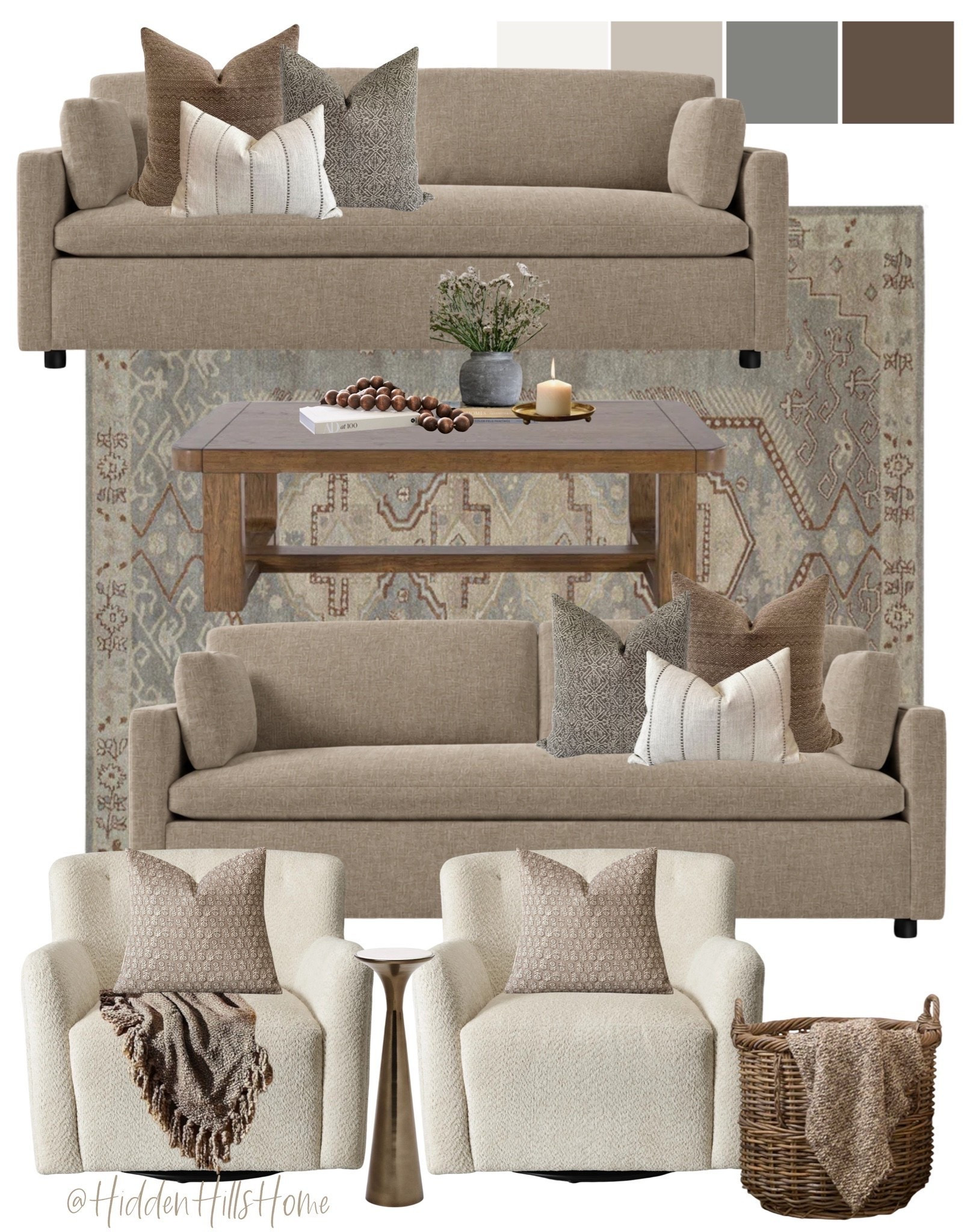Living room decor mood board, living room design, home decor ideas, coffee table, living room rug, sofa, swivel chair

#LTKHome #LTKSaleAlert #LTKSeasonal