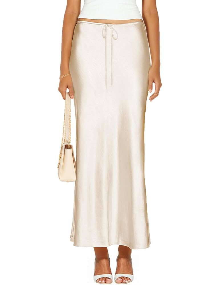 VividHarbor Women's Drawstring Satin Maxi Skirt High Waist Silk A Line Flowy Long Skirts | Amazon (CA)