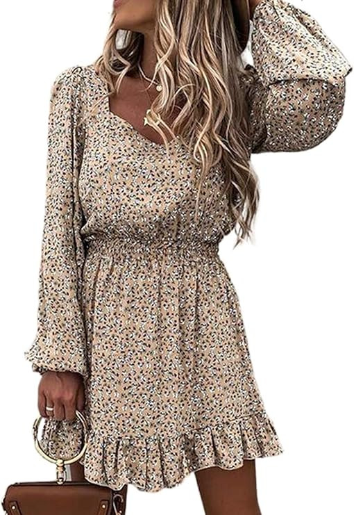 Happy Sailed Womens V Neck Ruffled Layered Chiffon Dress Self Tie Swing Mini Dresses S-XL | Amazon (US)