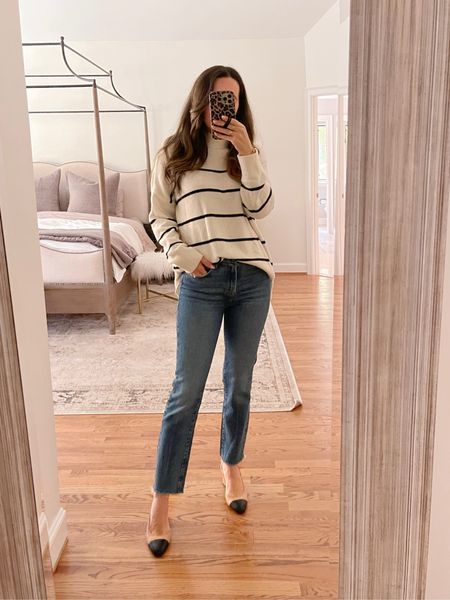 Fall outfit: striped sweater with Good American classic jeans (run TTS) and cap toe slingback heels! 

#LTKstyletip #LTKunder100 #LTKshoecrush