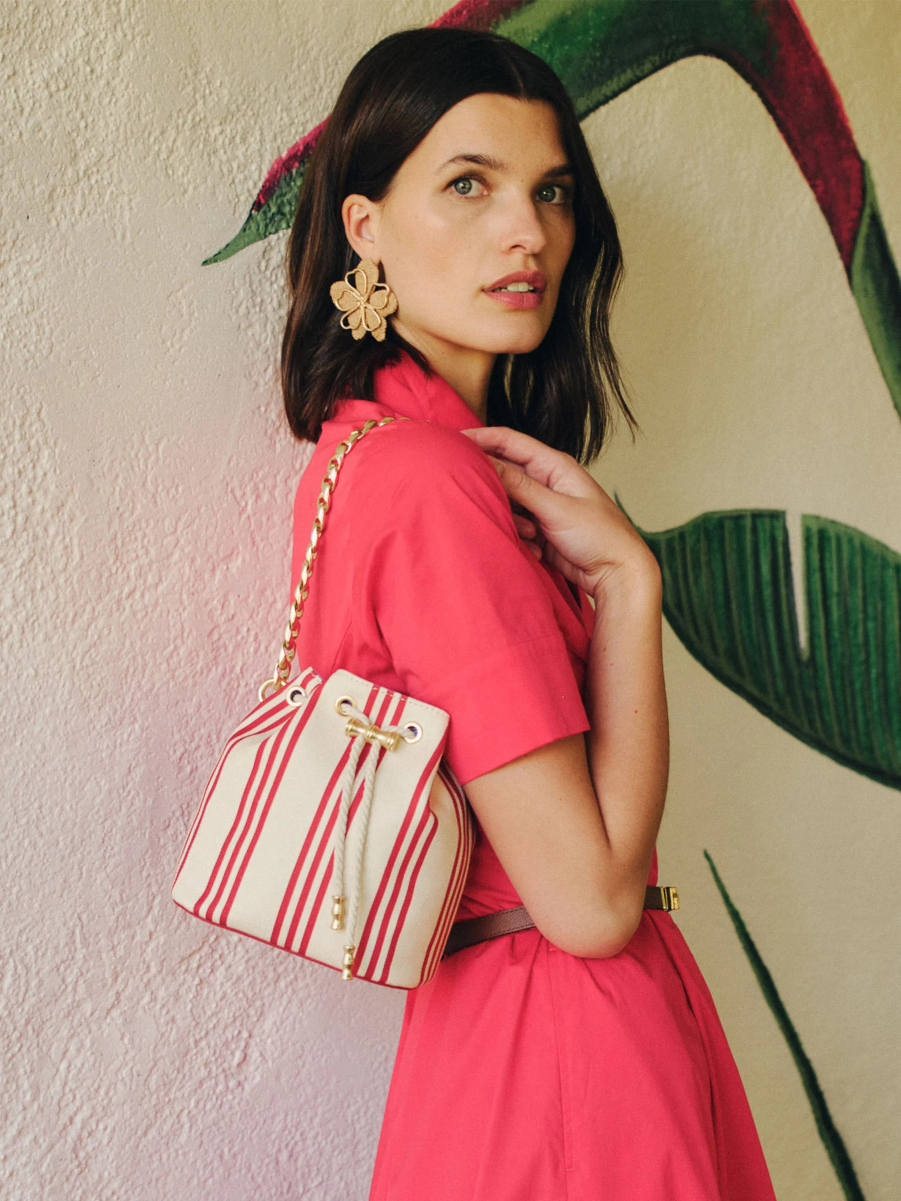 Red_Poppy Stripe Daisy Canvas Bucket Bag | Women's Handbags | J.McLaughlin | J.McLaughlin