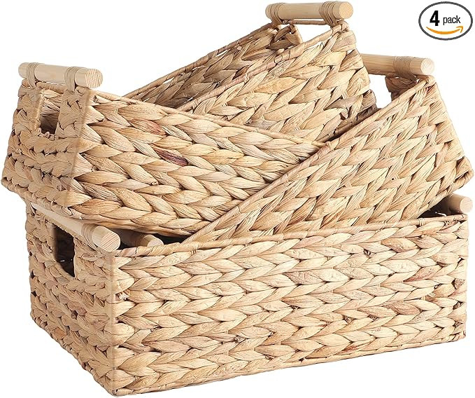 ANMINY 4PCS Woven Storage Baskets Set Handmade Wicker Storage Bins Boxes with Wood Handles Natura... | Amazon (US)