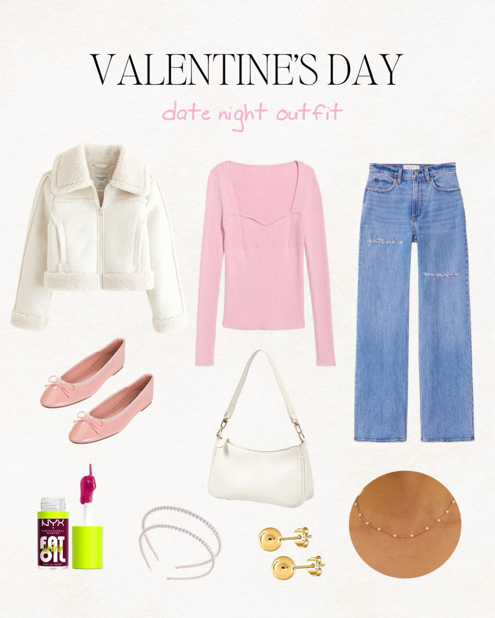 date night outfit, pink shirt, pink top, jeans, mom jeans, flared jeans, blue jeans, white purse, white bag, ballet flats, lip gloss, lip oil, amazon finds, abercrombie, old navy, jacket, white jacket, white coat, sherpa coat

#LTKshoecrush #LTKfindsunder100 #LTKSeasonal