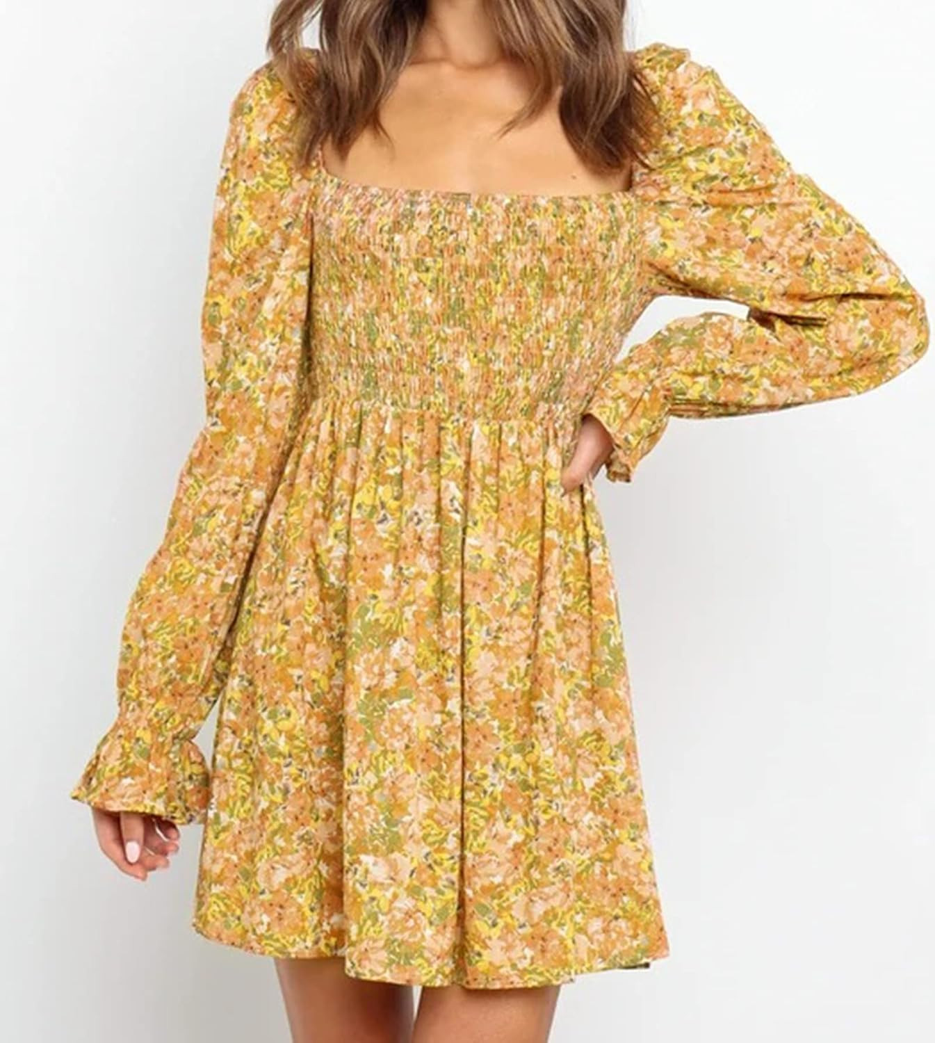 Women Square Neck Smocked Floral Long Sleeve Swing Mini Dress | Amazon (US)