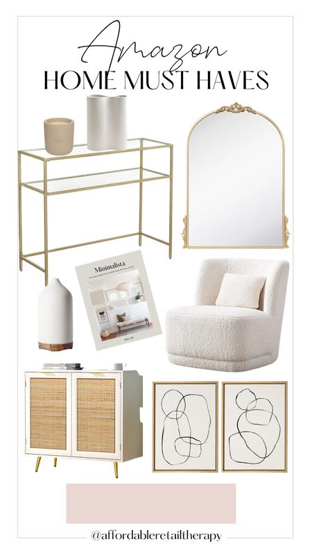 Amazon home 
Home decor 
Neutral home 
White accent chair 
Console table 
Gold table 
Wall art 
Vase
Gold mirror 
Coffee table books
Diffuser 
Candles
Swivel chair 
White home decor 
Boucle chair 
Living room decor 
Entryway decor 
Office decor 


#LTKunder100 #LTKFind #LTKhome