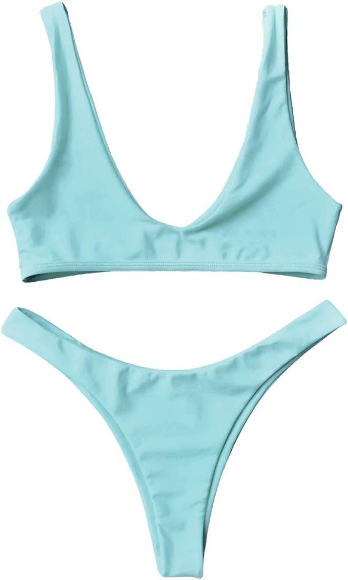 ZAFUL Swimsuit High Cut Cheeky Thong Bikini Scoop Neck Two Piece Bathing Suits for Women | Amazon (US)
