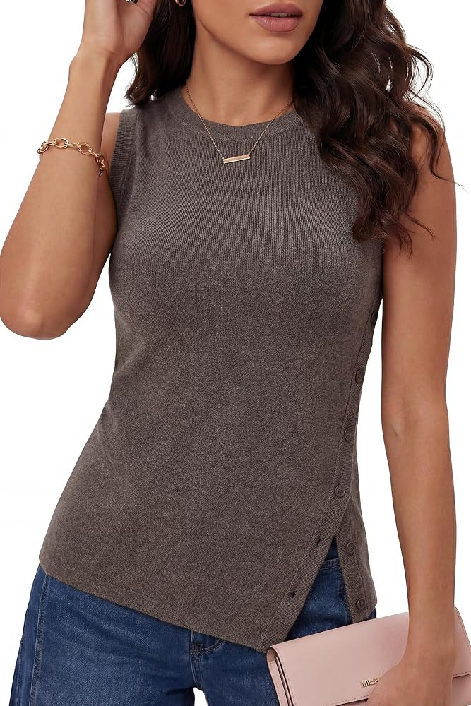 Arach&Cloz Women's Wool Blend Side-Button Slit Summer Casual Sweater Tanks | Amazon (US)