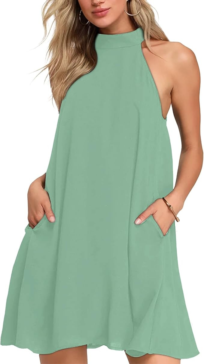 AUSELILY Womens Summer Dress Sleeveless Halter Neck Beach Dress Casual Sundresses with Pockets | Amazon (US)