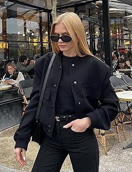 Womens Cropped Bomber Jacket Button Down Varsity Jackets Shackets with Pockets | Amazon (US)