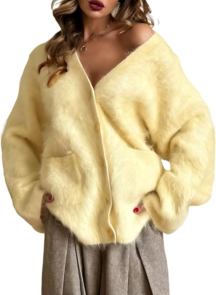 Gihuo Women' s Fuzzy Cardigan Sweaters V Neck Fluffy Cardigan Long Sleeve Button Down Knit Furry ... | Amazon (US)