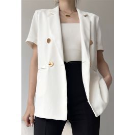 Golden Button Short-Sleeve Blazer in White | Chicwish
