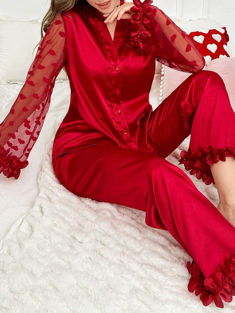 Slumberist 3pcs Women 3D Floral Lace Heart Mesh Satin Pajama Set Bridal Lingerie, Fall Winter Clothes Cozy And Elegant Details | SHEIN