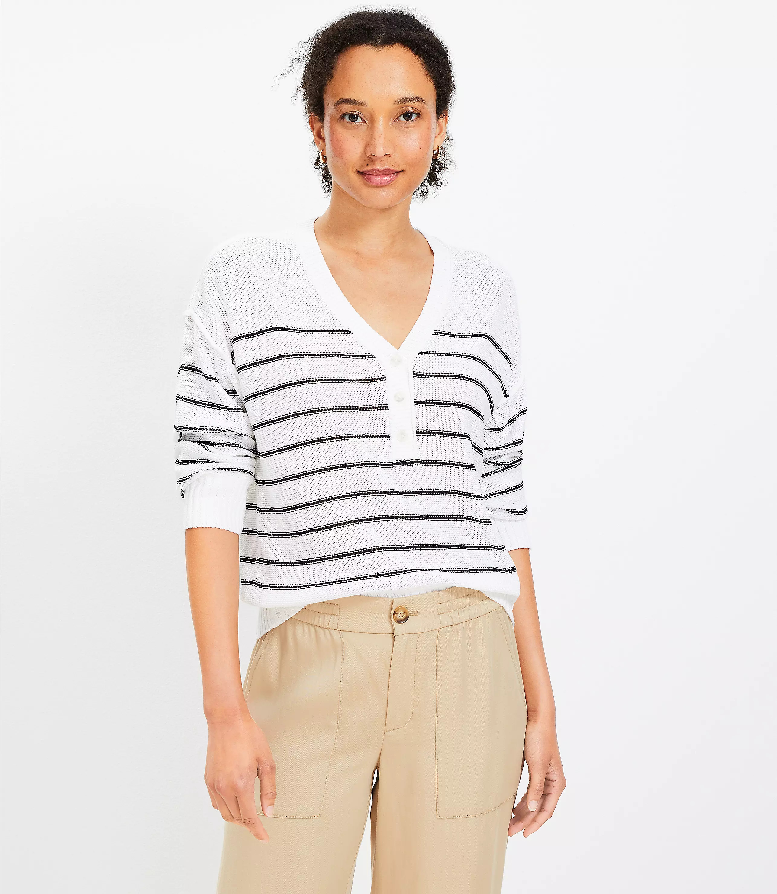 Stripe Textured Stitch Henley Sweater | LOFT