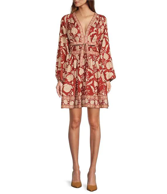 Normajean Floral Print Deep V-Neck Long Puff Sleeve Tie Waist Dress | Dillard's