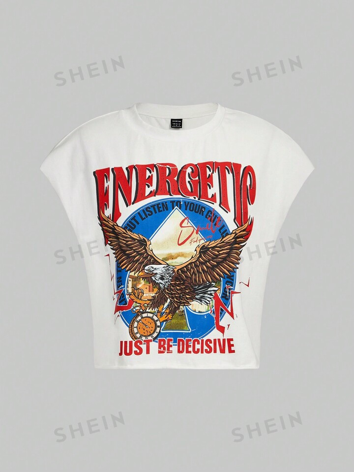 SHEIN EZwear Plus Size Knit Short Sleeve T-Shirt With Eagle & Letter Print | SHEIN