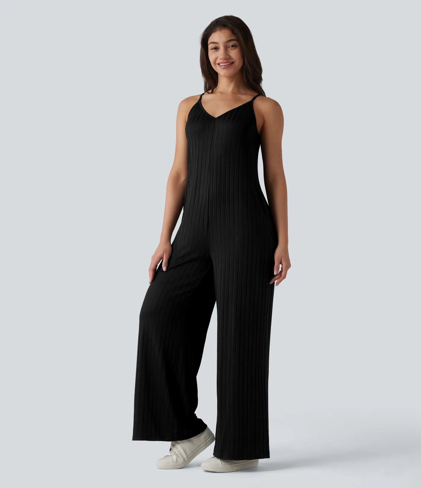Women’s Ribbed Knit V Neck Casual Slip Jumpsuit with Pockets - Halara | HALARA
