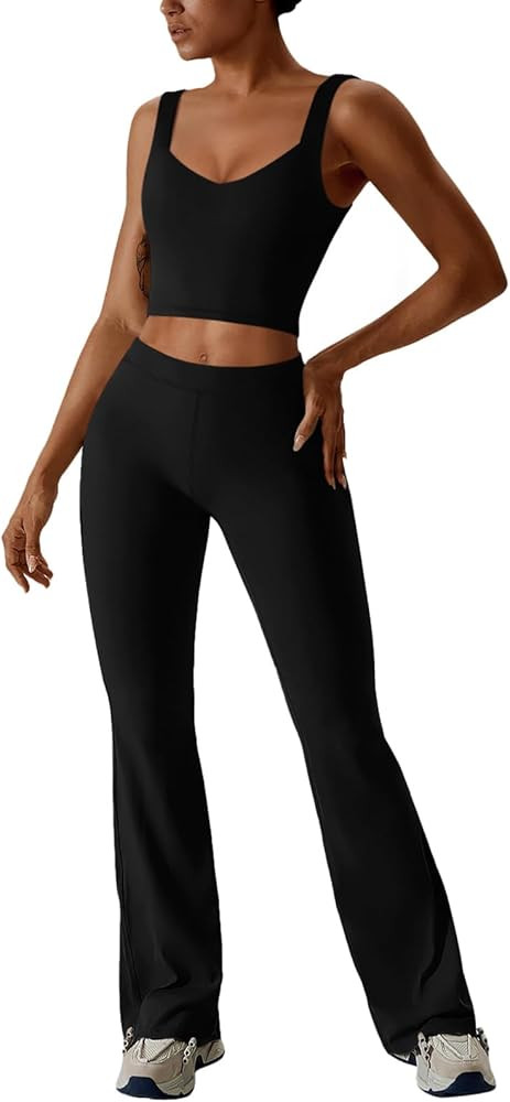 Amazon.com: REORIA Women's Two Piece Workout Sets Sexy V Neck Crop Tank Top and High Waisted Flar... | Amazon (US)