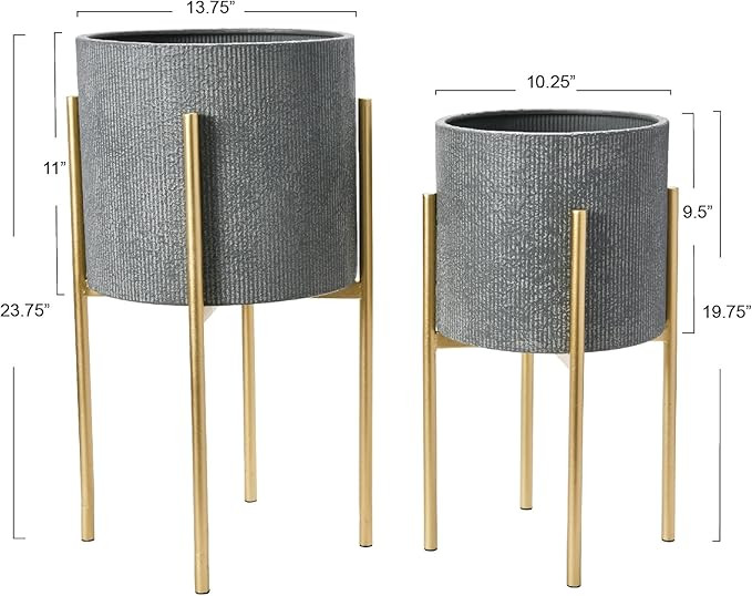 Main + Mesa Modern Boho Embossed Metal Planters with Stands, Charcoal Grey and Gold, Set of 2 Siz... | Amazon (US)