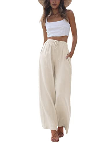 Faleave Women's Cotton Linen Summer Palazzo Pants Flowy Wide Leg Beach Trousers with Pockets(Apricot-L) | Amazon (US)
