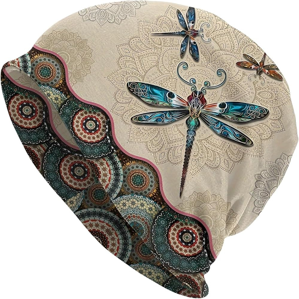 Premium Retro Boho Style Slouchy Beanie - Dragonfly Print Knitted Hat for Women & Men | Amazon (US)
