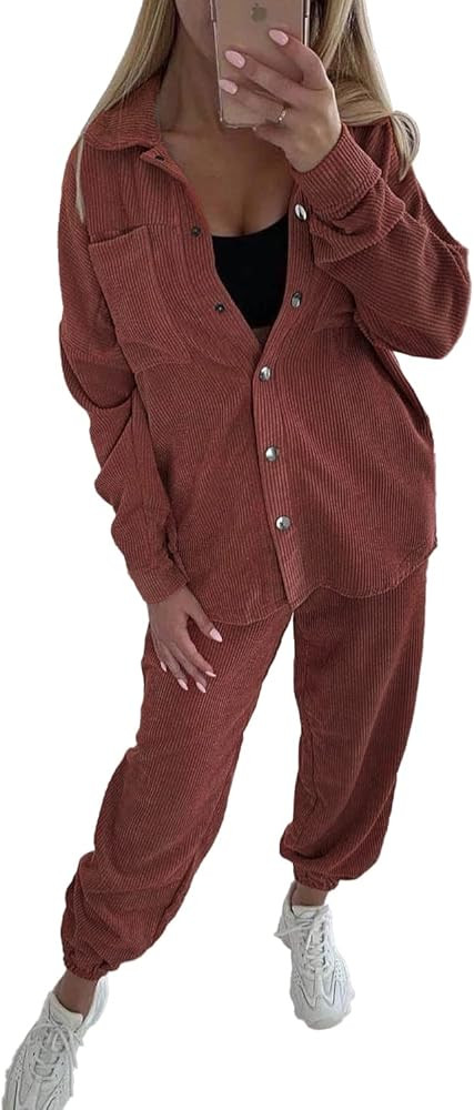PRETTYGARDEN Women's 2 Piece Outfits Casual Corduroy Long Sleeve Button Down High Waist Tracksuit... | Amazon (US)