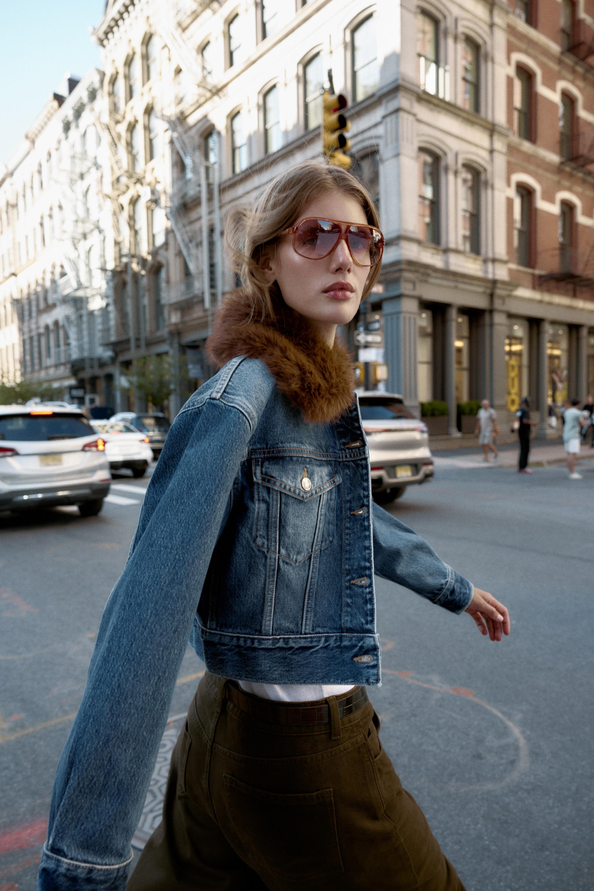 Z1975 FAUX FUR LAPEL CROPPED DENIM JACKET | Zara US