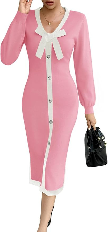 Wenrine Womens V Neck Sweater Dress Fall Long Sleeve Button Knit Bodycon Color Block Bow Tie Eleg... | Amazon (US)