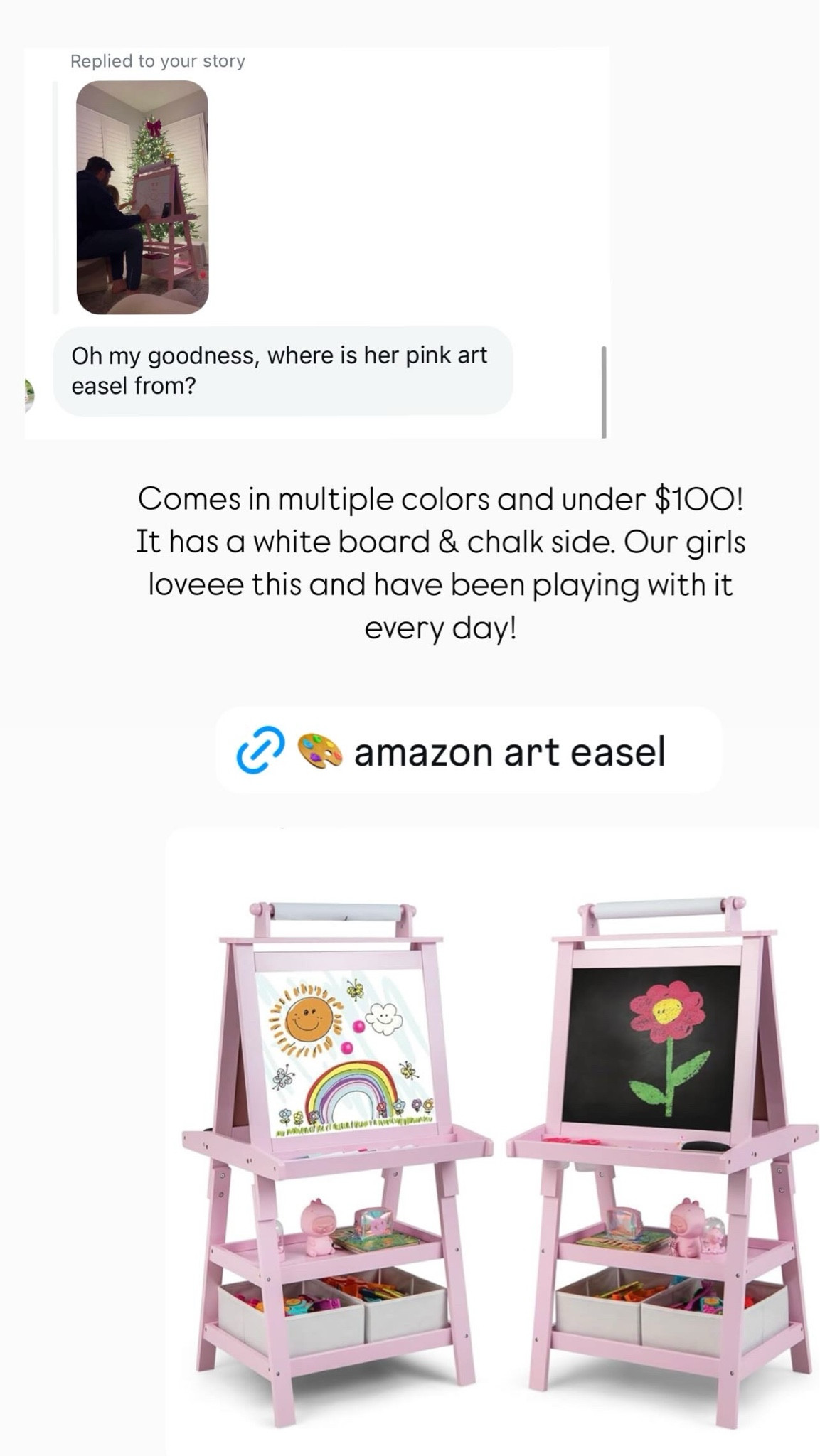 Amazon pink art easel! 🎨 Has a white board and chalk side! Comes in multiple colors. Under $100



#LTKFindsUnder100 #LTKGiftGuide #LTKKids