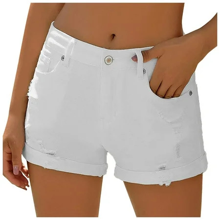 Larisalt Jean Shorts Womens Women s Ripped Denim Jean Shorts High Waisted Stretchy Folded Hem Short  | Walmart (US)