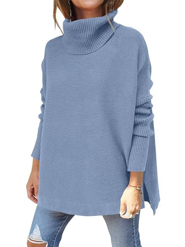 ANRABESS Women's Oversized Turtleneck Batwing Sleeve Spilt Casual Loose Knit Tunic Pullover Sweater Tops 2025 Fall Outfits Gray Blue Medium | Amazon (US)