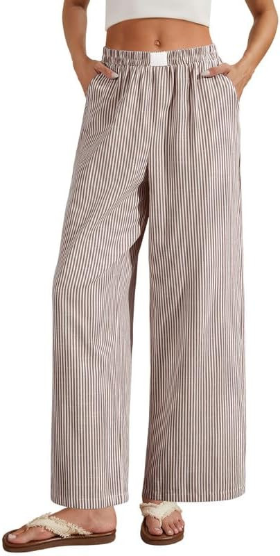 Marvmys Womens Summer Striped Gingham Pants Casual Loungewear PJ Bottoms Wide Leg Plaid Pants Bea... | Amazon (US)