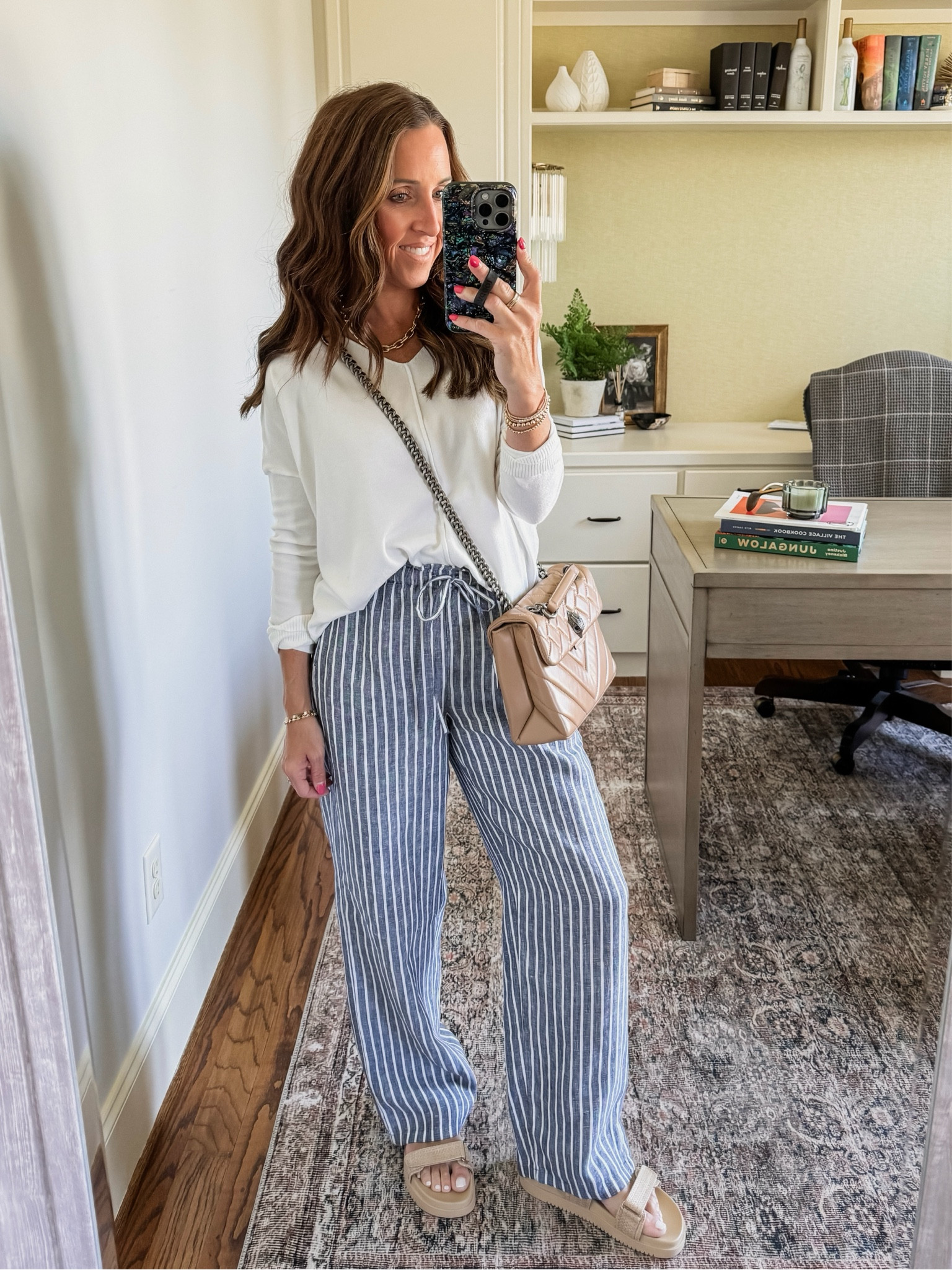 Casual Friday style. Linen pants. J.Crew Soleil linen pants. Stripe pants. Raffia sandals. 
Pants XS. Sandals TTS

#LTKshoecrush #LTKover40 #LTKSeasonal