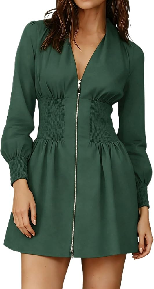 Womens Long Sleeve Mini Dress V Neck Smocked Zipper Dress Casual A Line Short Dress with Pockets | Amazon (US)