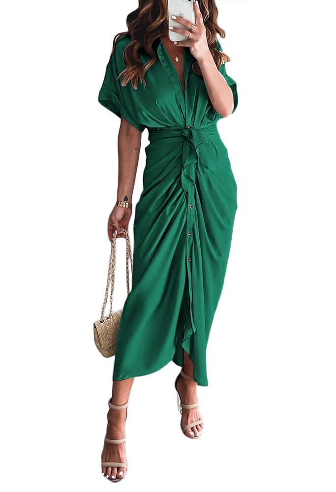 Women Elegant Satin Button Down Short Sleeve Maxi Shirt Dress with Belt | Amazon (US)