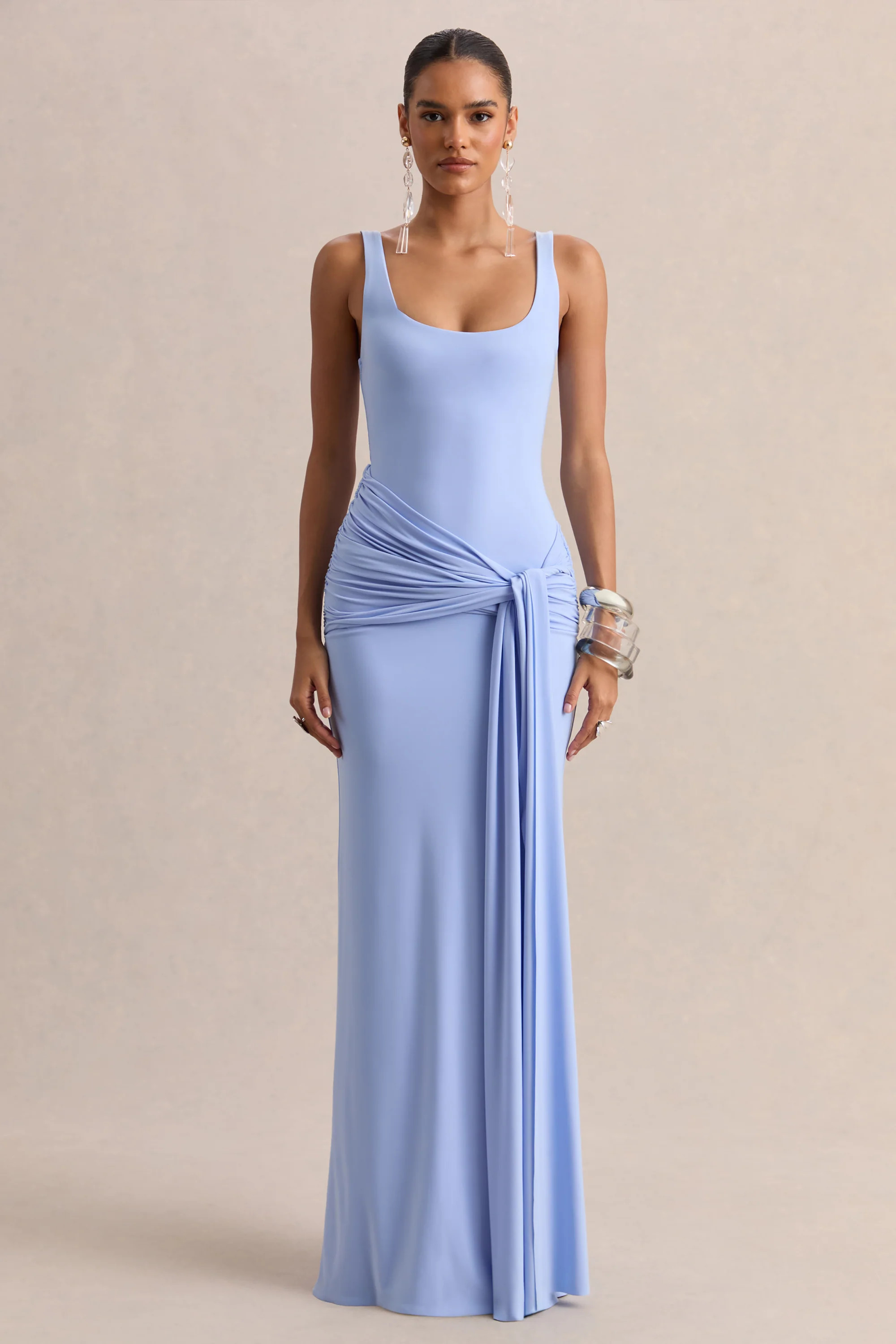 Lienna | Powder Blue Scoop-Neck Maxi Dress With Gathered-Detail And Sash | Club L London