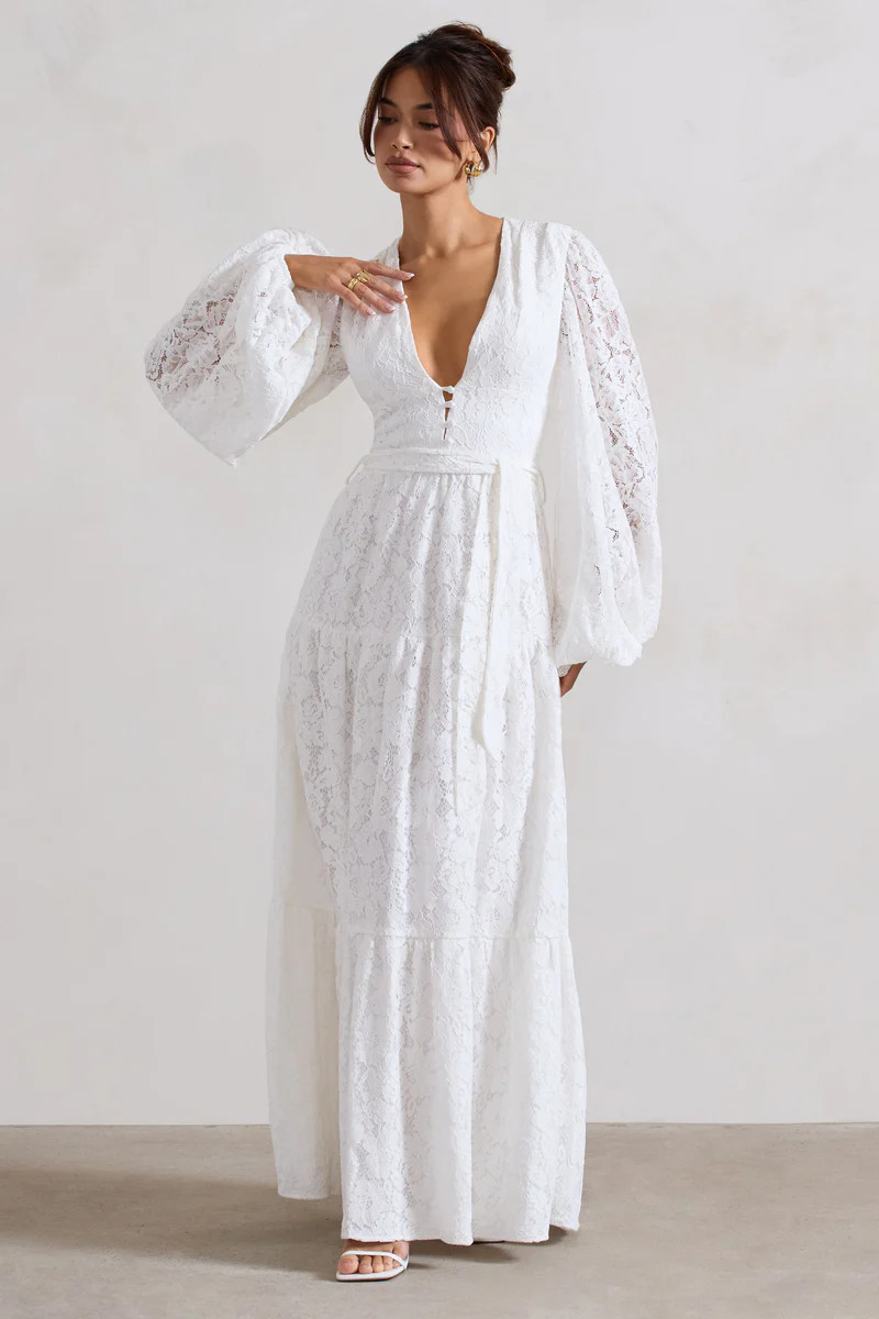 Nixie | White Lace Puff-Sleeve Layered Maxi Dress With Belt | Club L London
